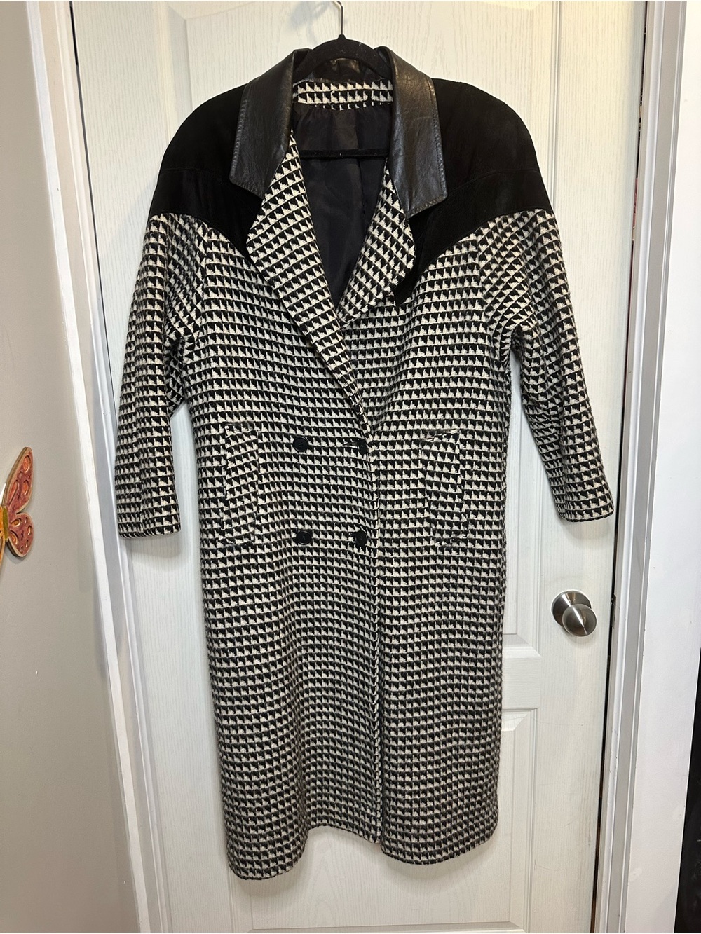 Vintage 80s Houndstooth Wool Trench Coat Leather Suede Western Yoke fits like M